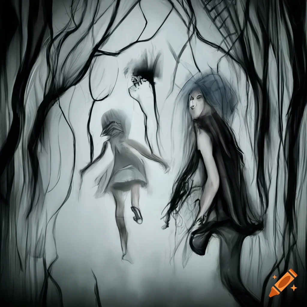 dark forest with emo man and woman running