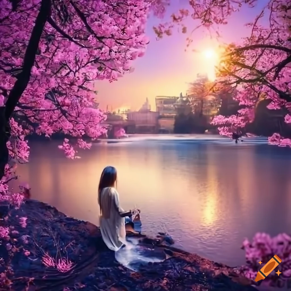 woman enjoying sakura at a pond
