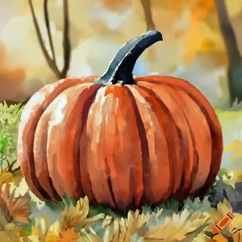 vivid painting of a pumpkin in an autumn landscape