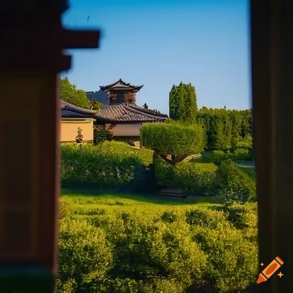 Tuscan Villa with Japanese temple roof and wooden detailing
