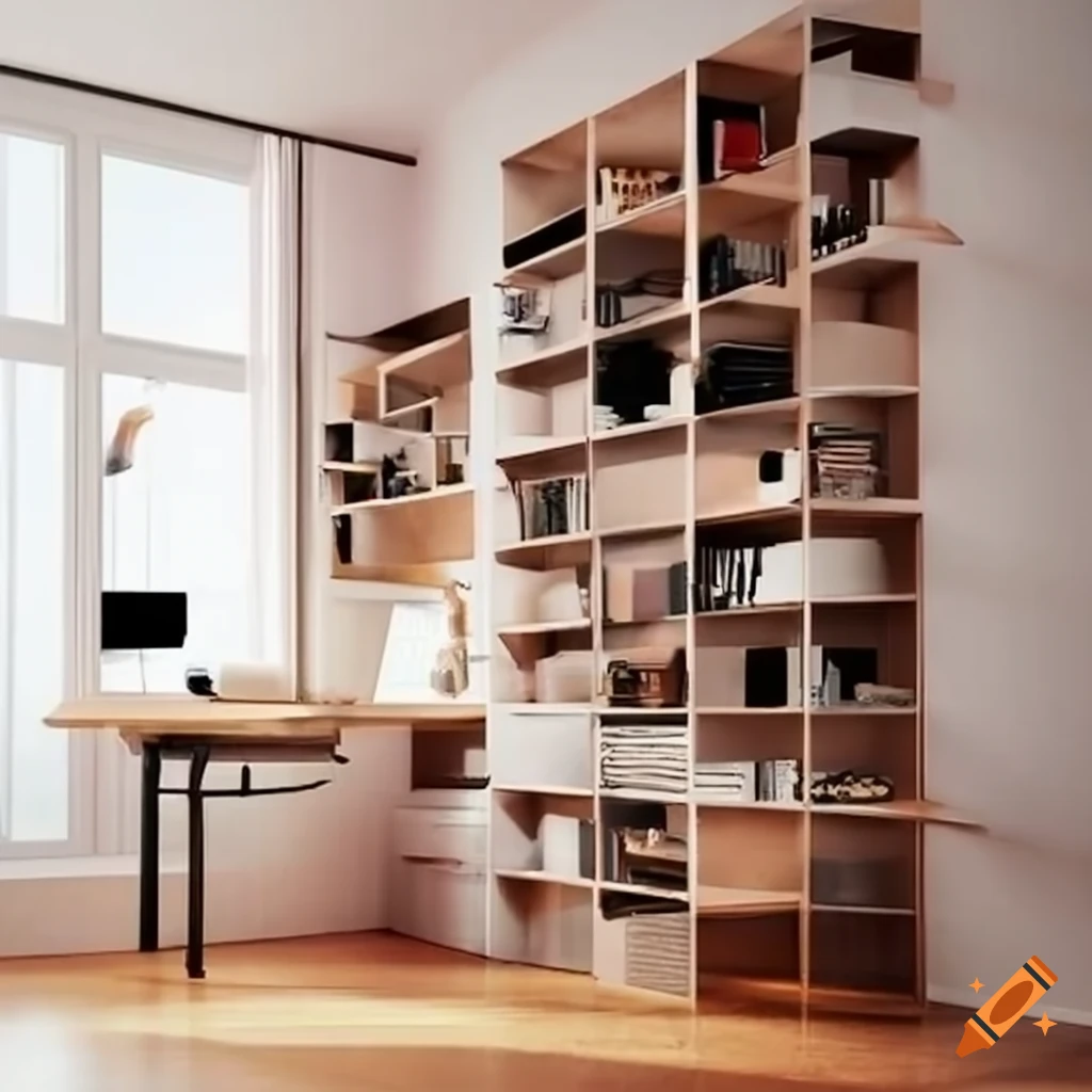 Modern studio apartment with built-in shelving and desk on Craiyon - Apartment Layout With Built-In Shelving