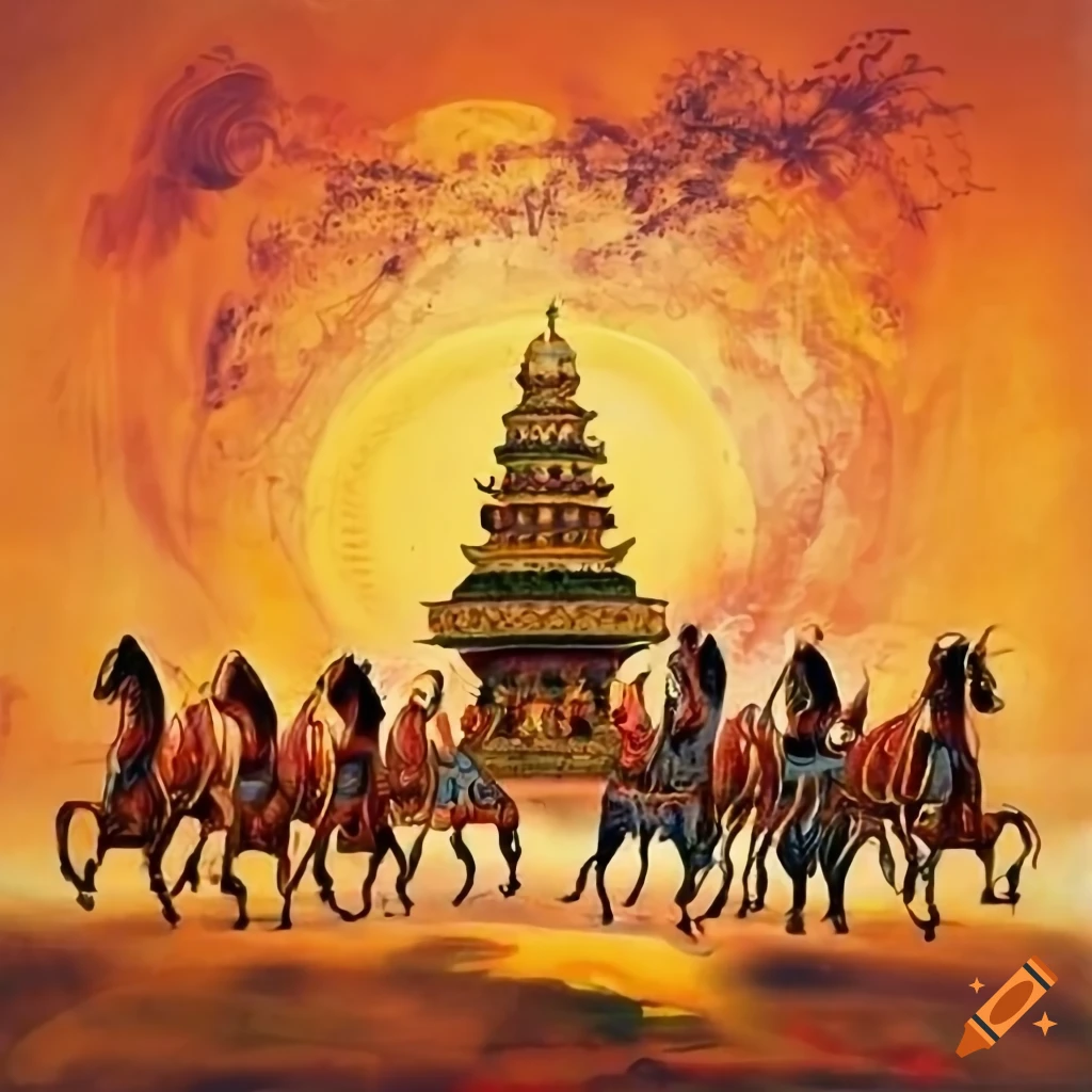 painting of a mythological sun chariot in Indian art style