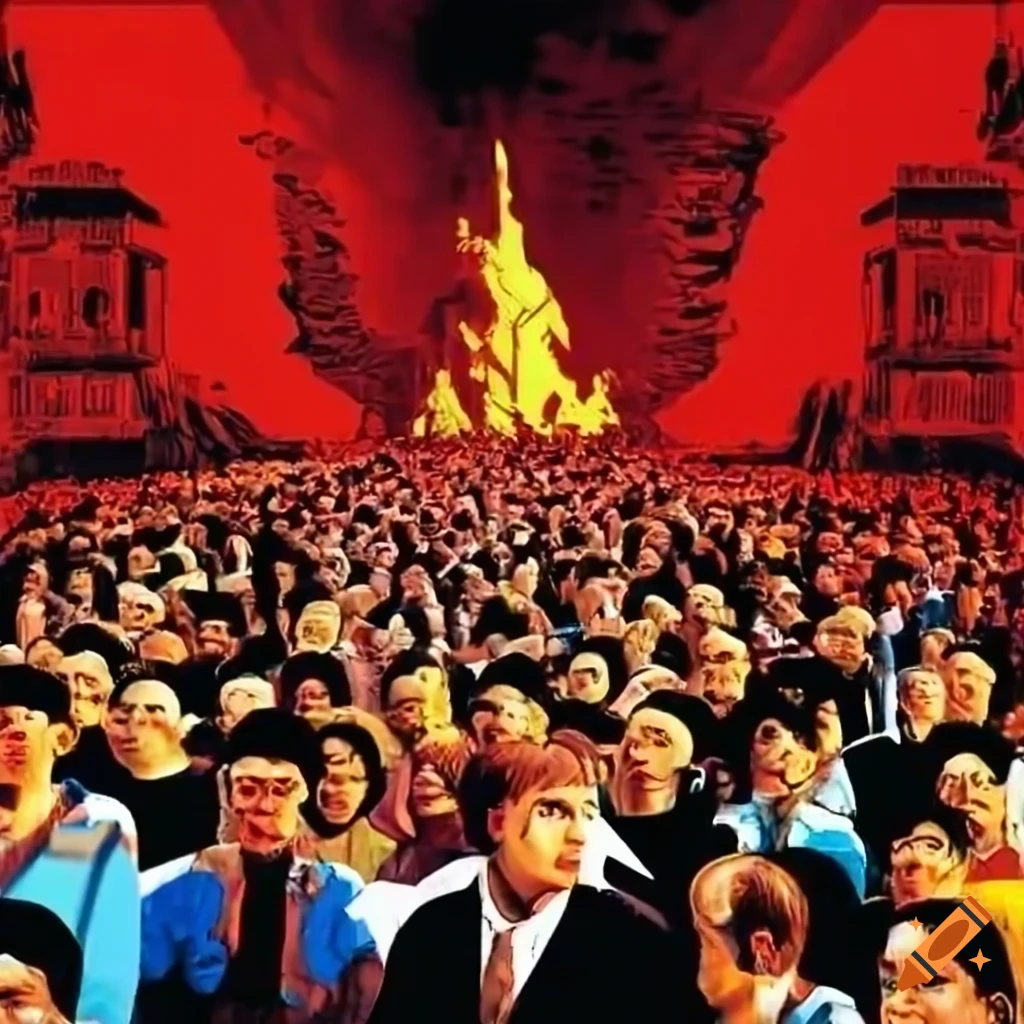crowd watching propaganda on a giant screen