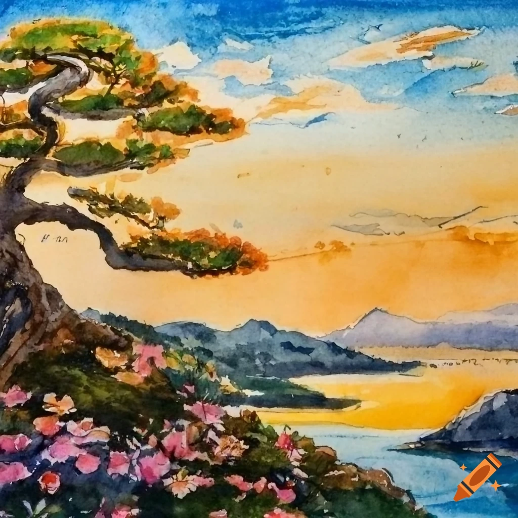 watercolor of a giant bonsai on a mountain during golden hour
