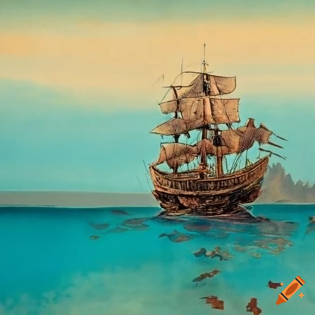 color lithograph of a shipwreck on a tropical island