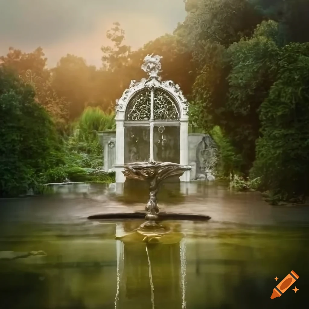 silver angel on a fountain in a rococo garden