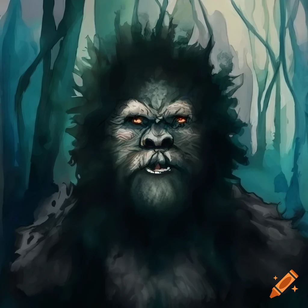 colorless aquarel of a heroic fantasy bigfoot in a forest