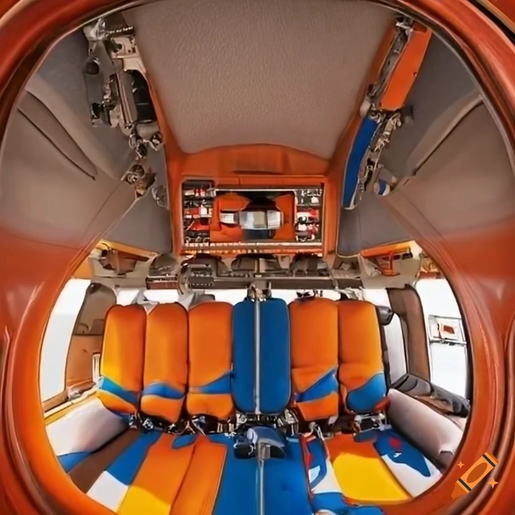 front view of seats inside an orange and blue helicopter