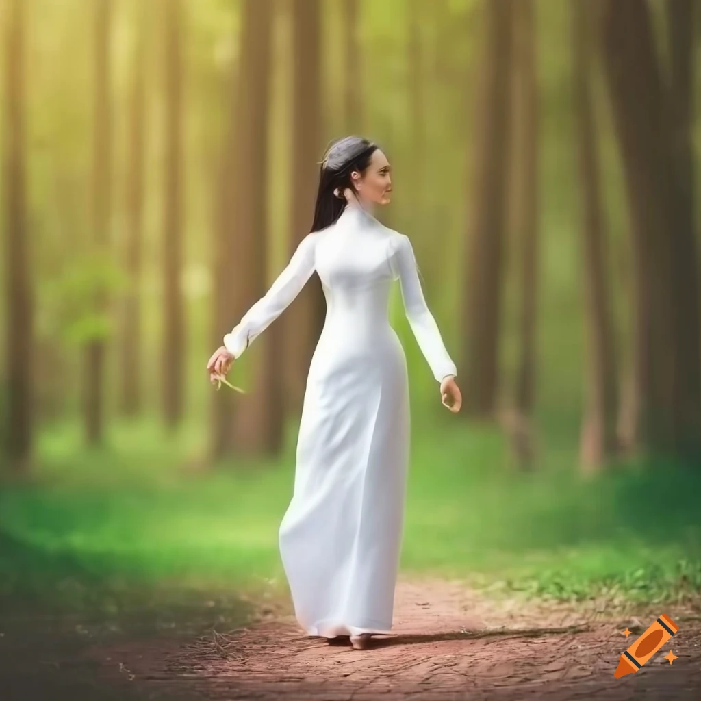 young woman in a white Vietnamese ao dai walking in a forest