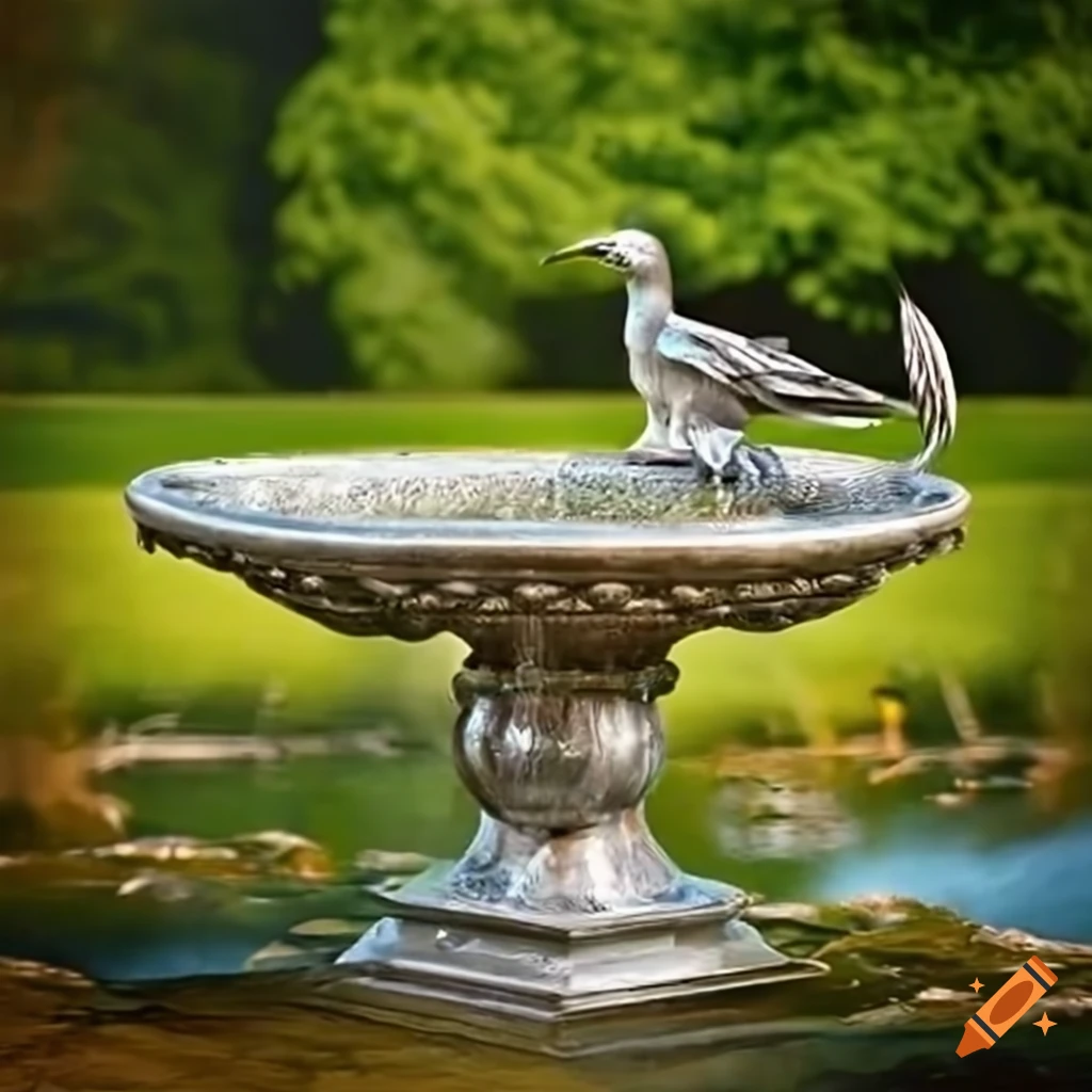 silver birdbath with bird statues in a garden