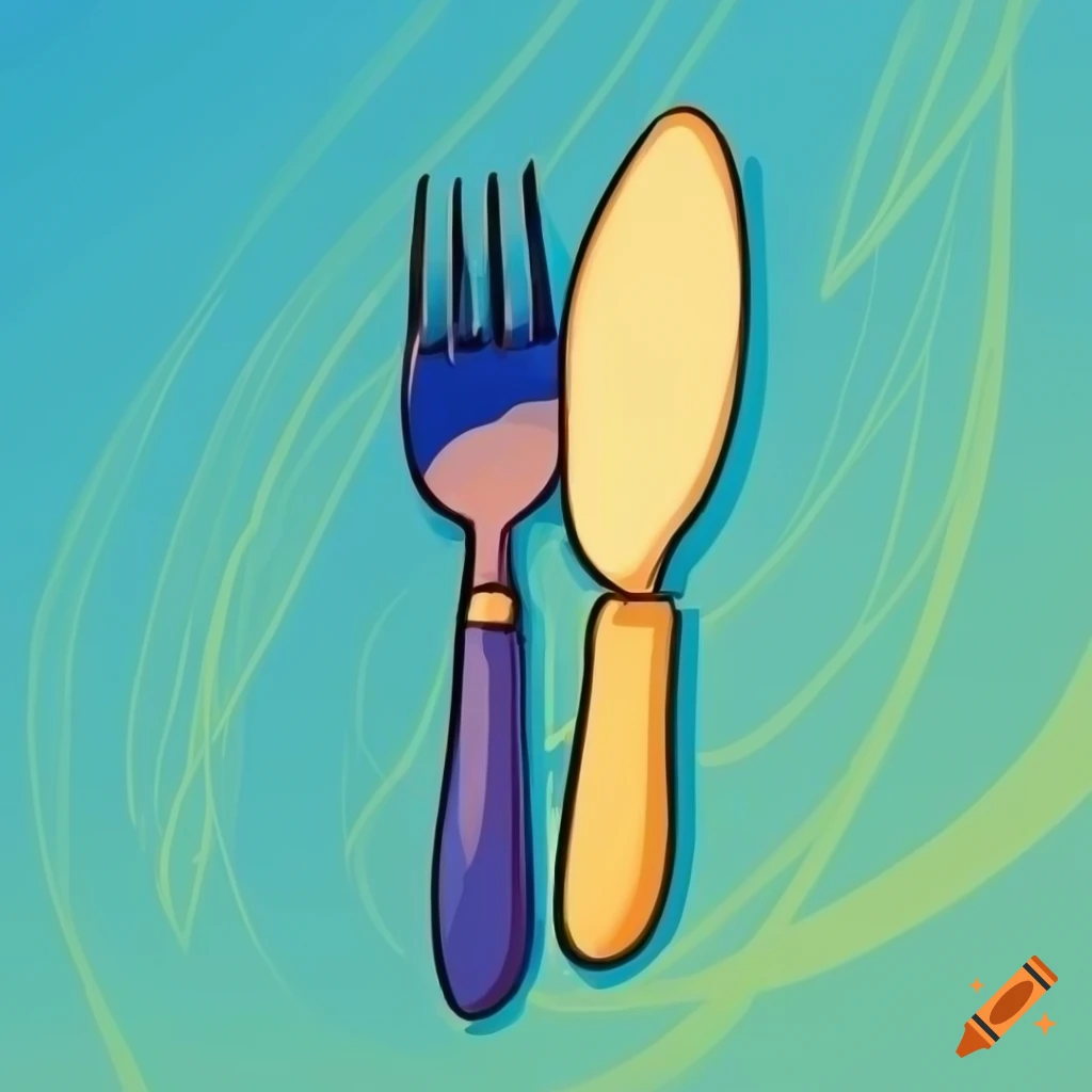 cartoon-style fork and knife on blue to yellow gradient
