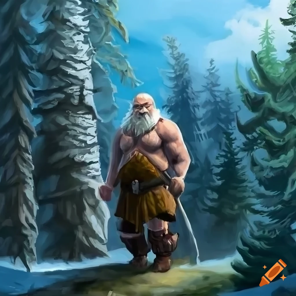 painting of an elderly barbarian man in the taiga