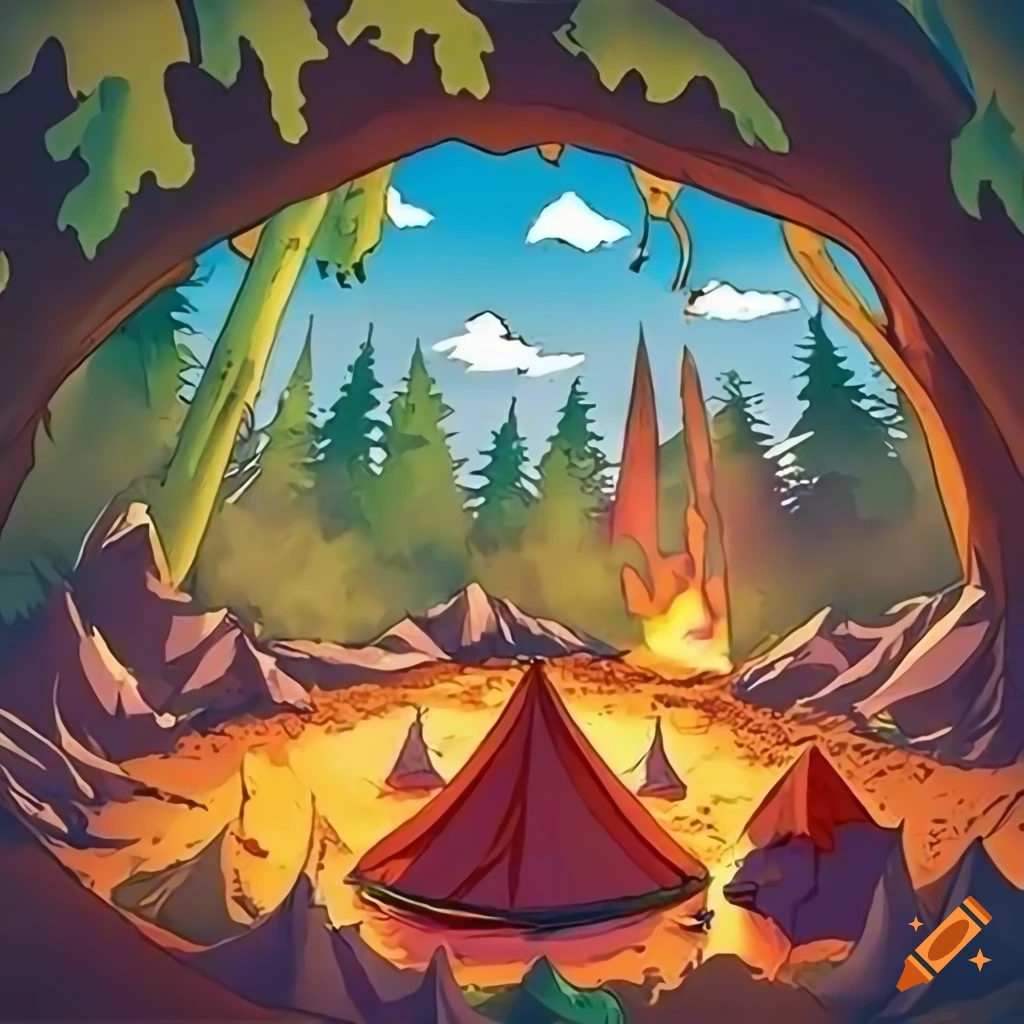 paysage de camp scout avec tentes canadiennes et enfants scouts autour d'un feu de camp