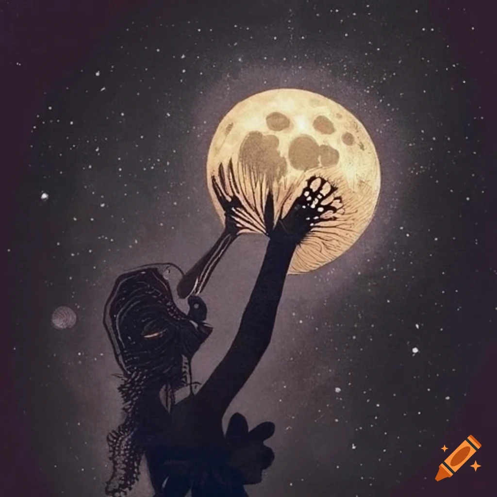 color engraving of a butterfly on a hand under the moonlight