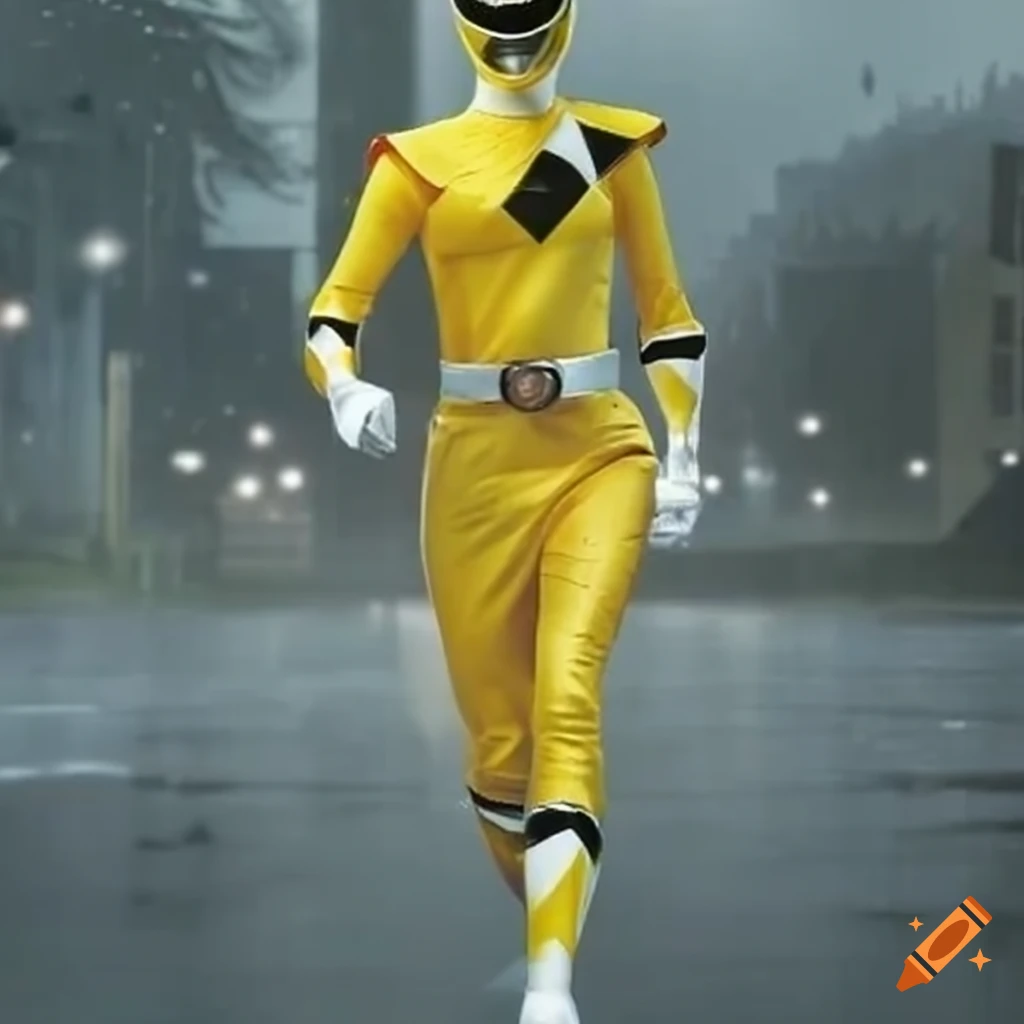 action figure of Power Ranger Yellow in the rain