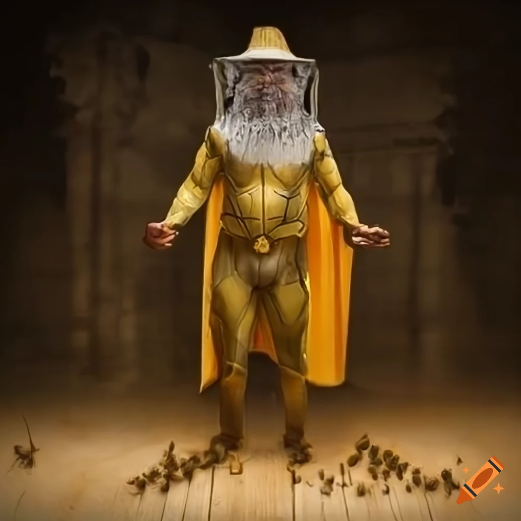 hyper-realistic picture of a superhero with a bee theme