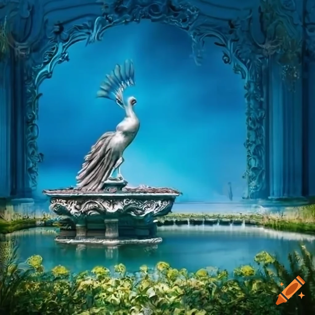 silver peacock statue on a fountain in a Victorian garden