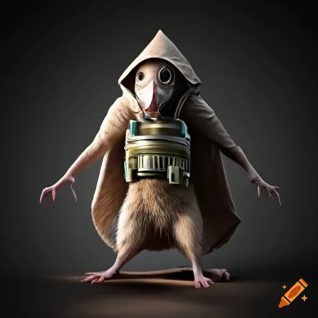 Character design of a rat with gas mask and chemical warfare weapons on  Craiyon, image size:1024x1024
