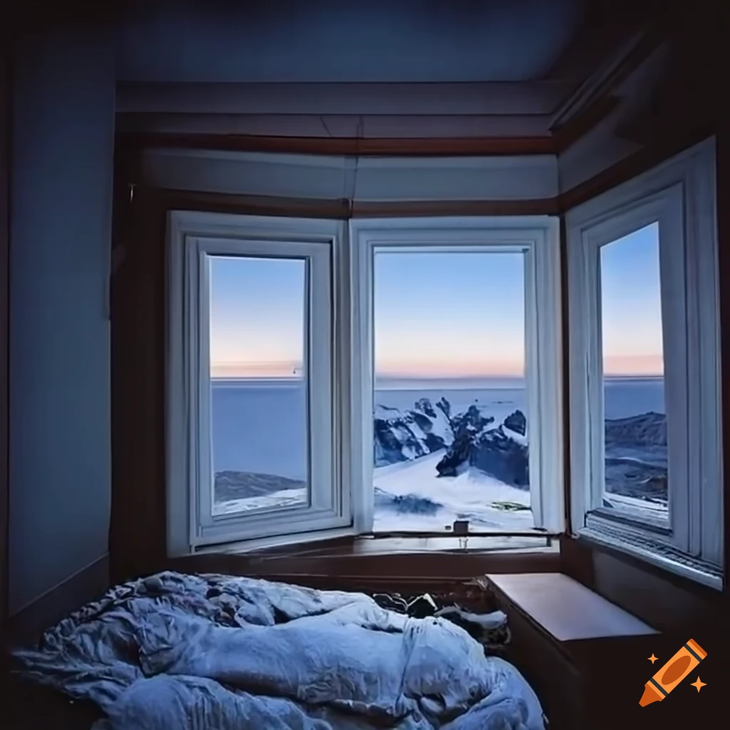 cozy room with snowy cliffs outside