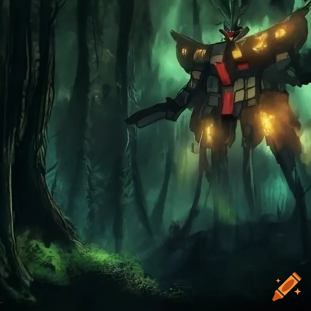 detailed gundam in a dark forest