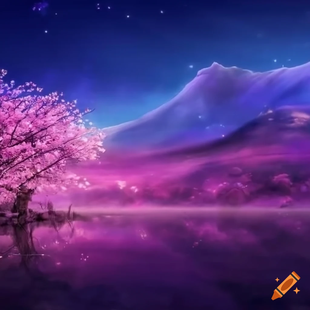 magical sakura landscape with mist and lights
