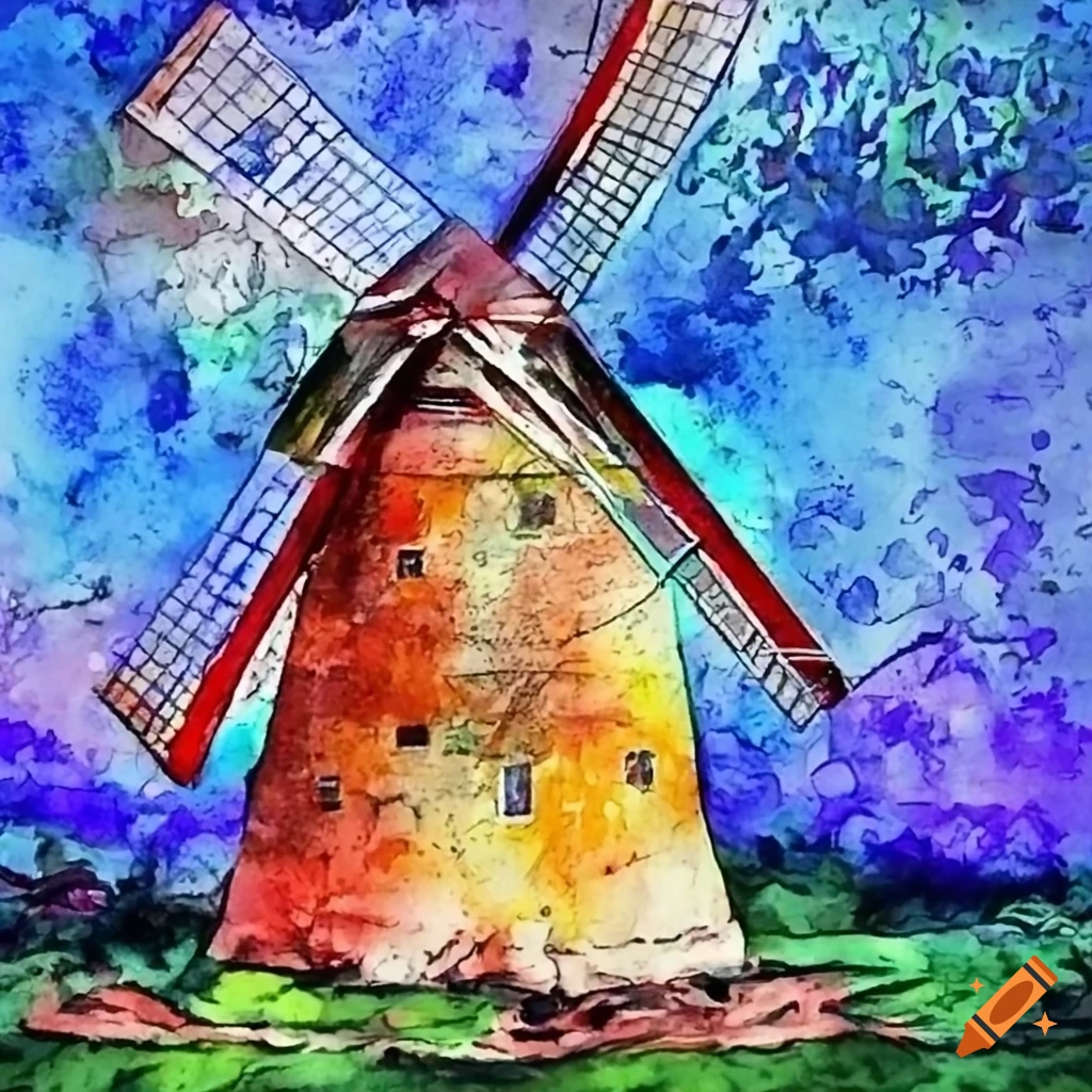 colorful watercolor painting of a windmill