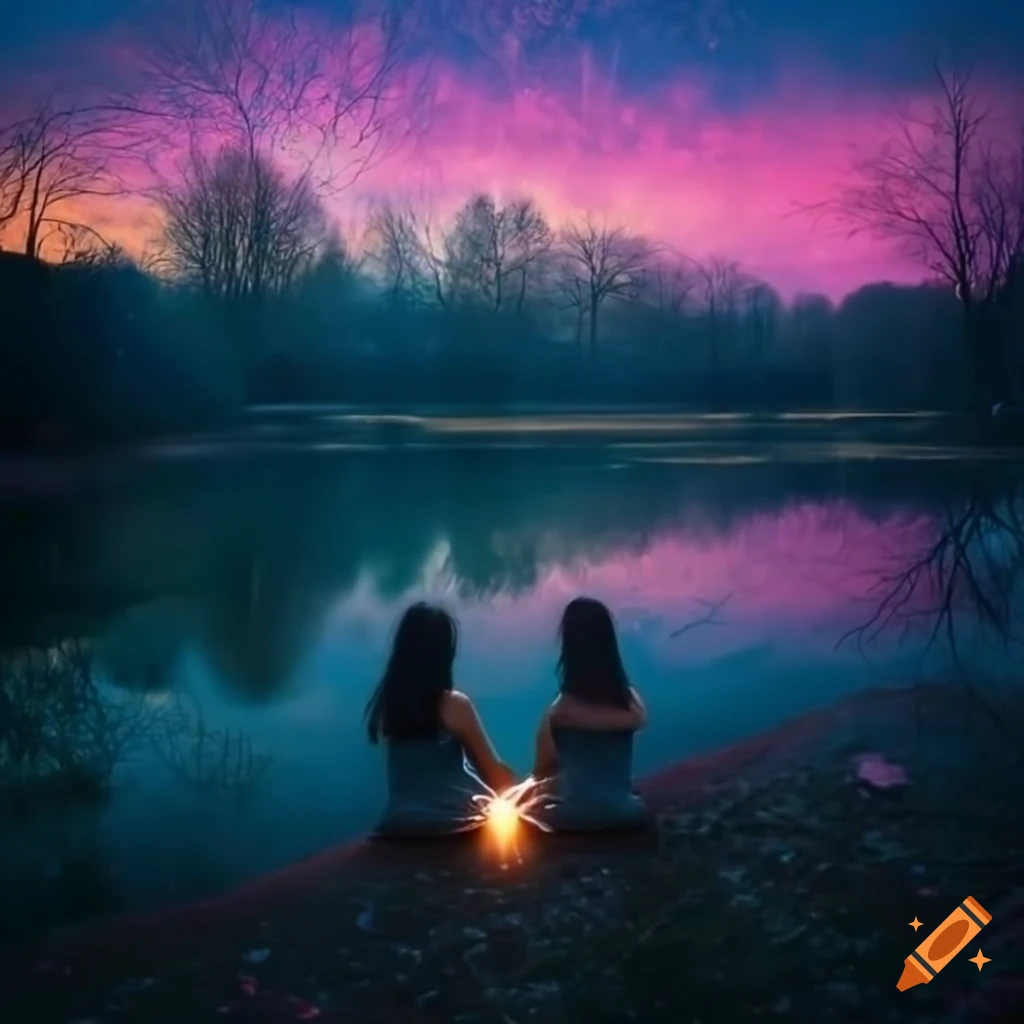 sakura pond with magical lights