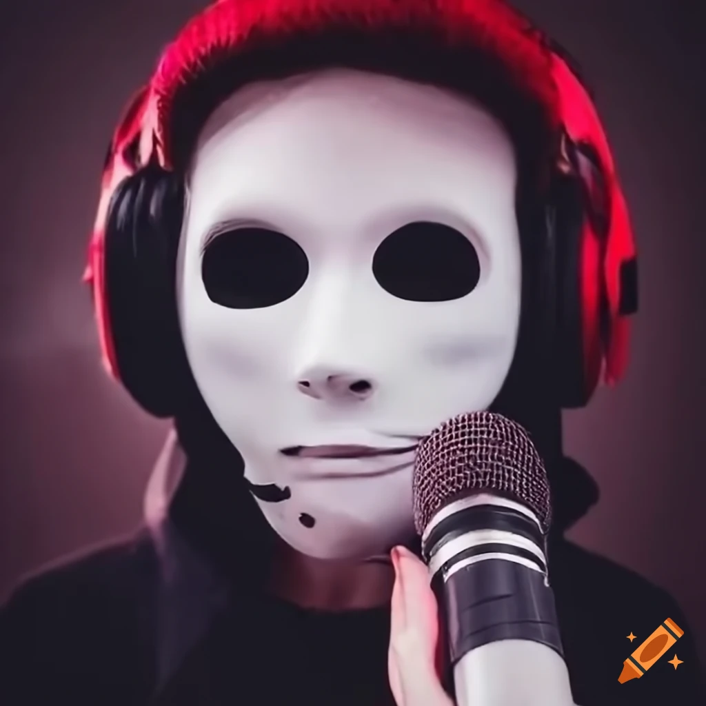 youtuber with a white mask and microphone