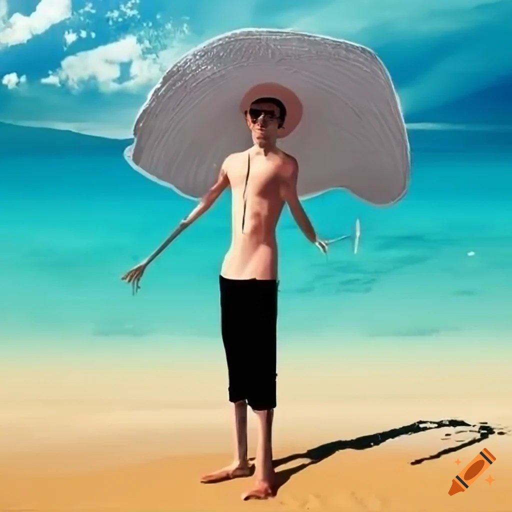 Man with a big sun hat enjoying the beach on Craiyon