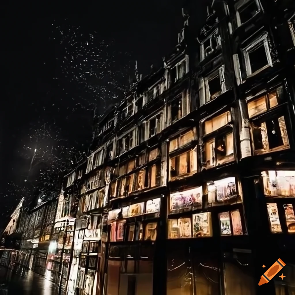 neon-lit bookstore sign in the rain
