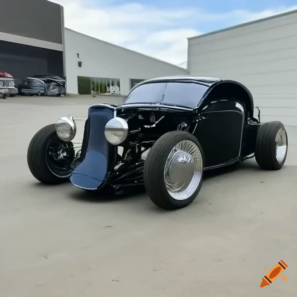combination of a black Tesla Model 3 and 1930s hot rod