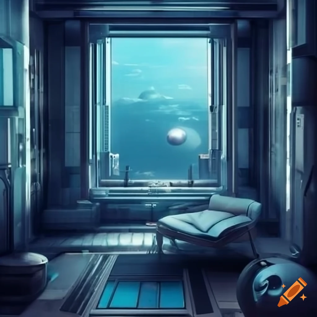 sci-fi apartment with a large window