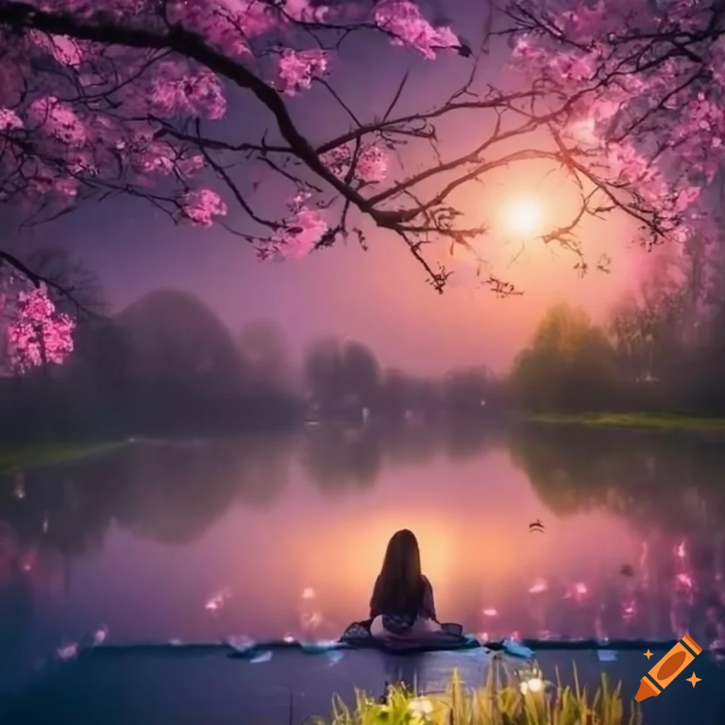 sakura pond with magical lights