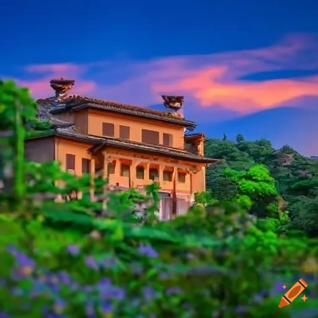 Tuscan Villa with Japanese temple roof and wooden detailing