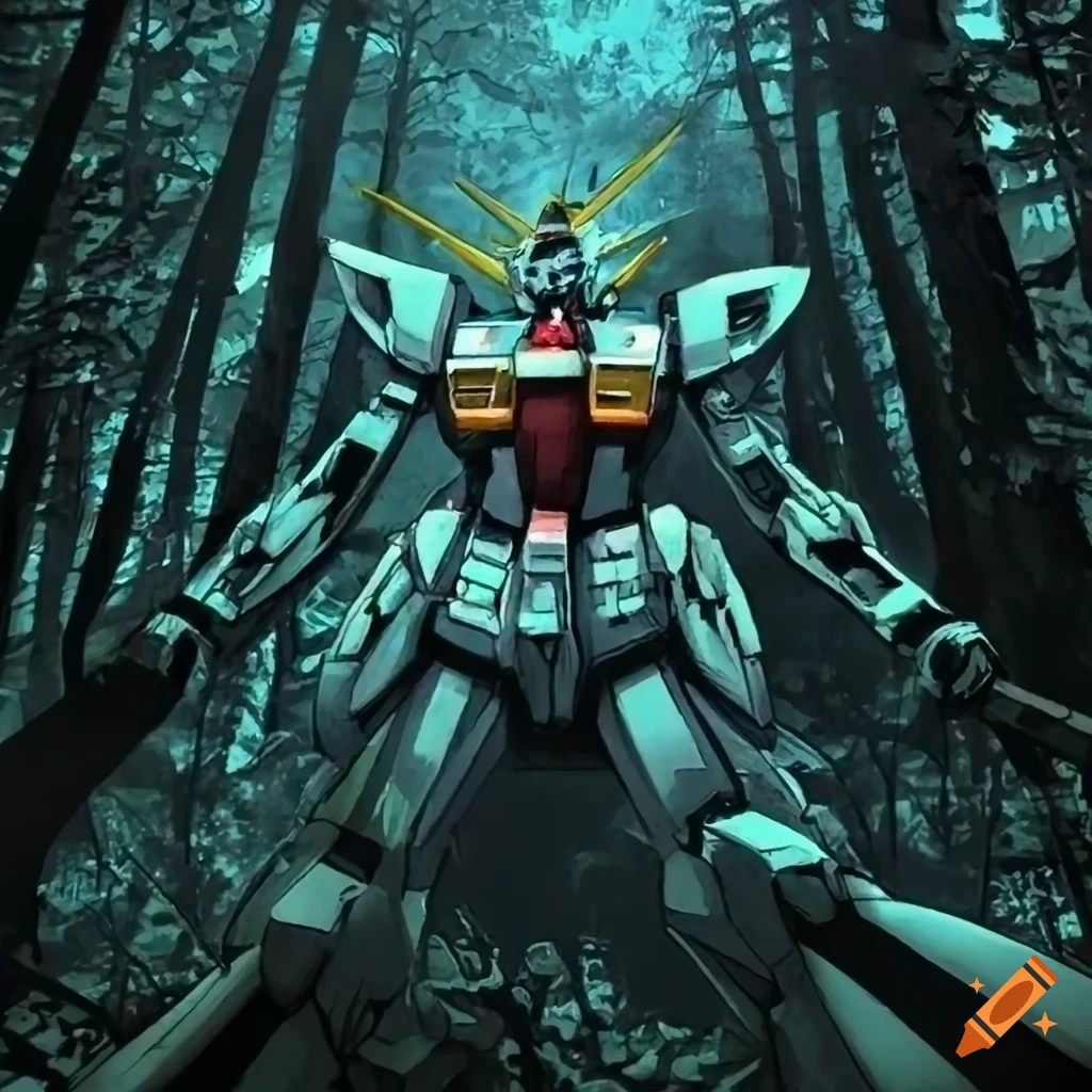 detailed gundam in a dark forest