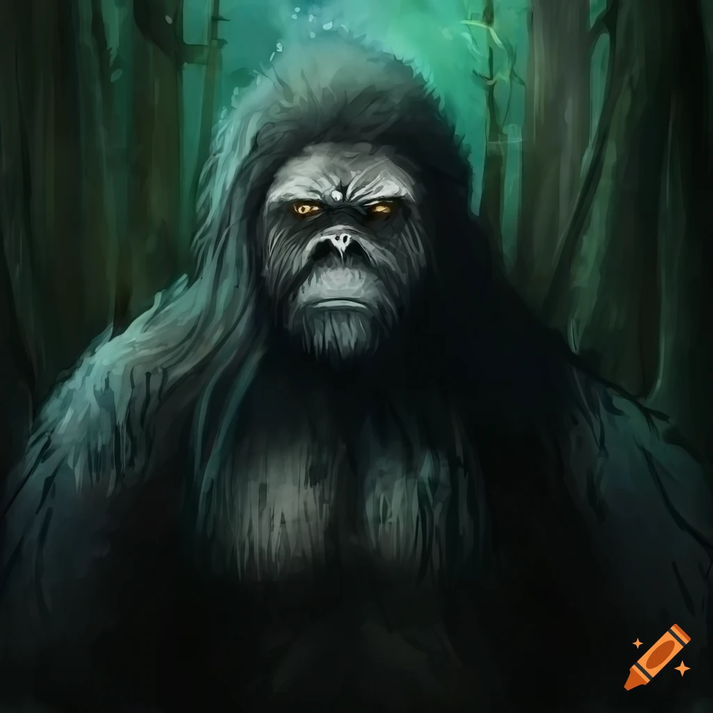 colorless aquarelle portrait of a heroic bigfoot in a forest