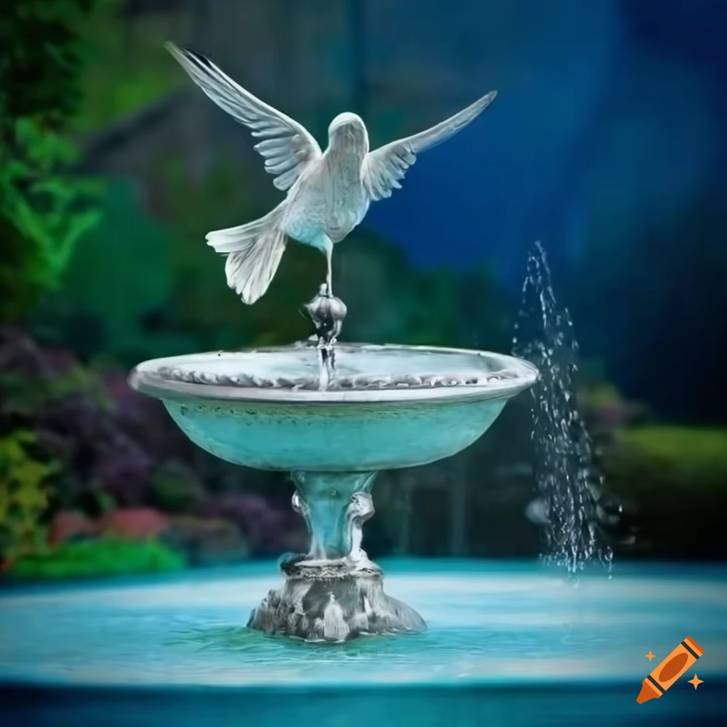 silver birdbath with bird statues in a Victorian garden