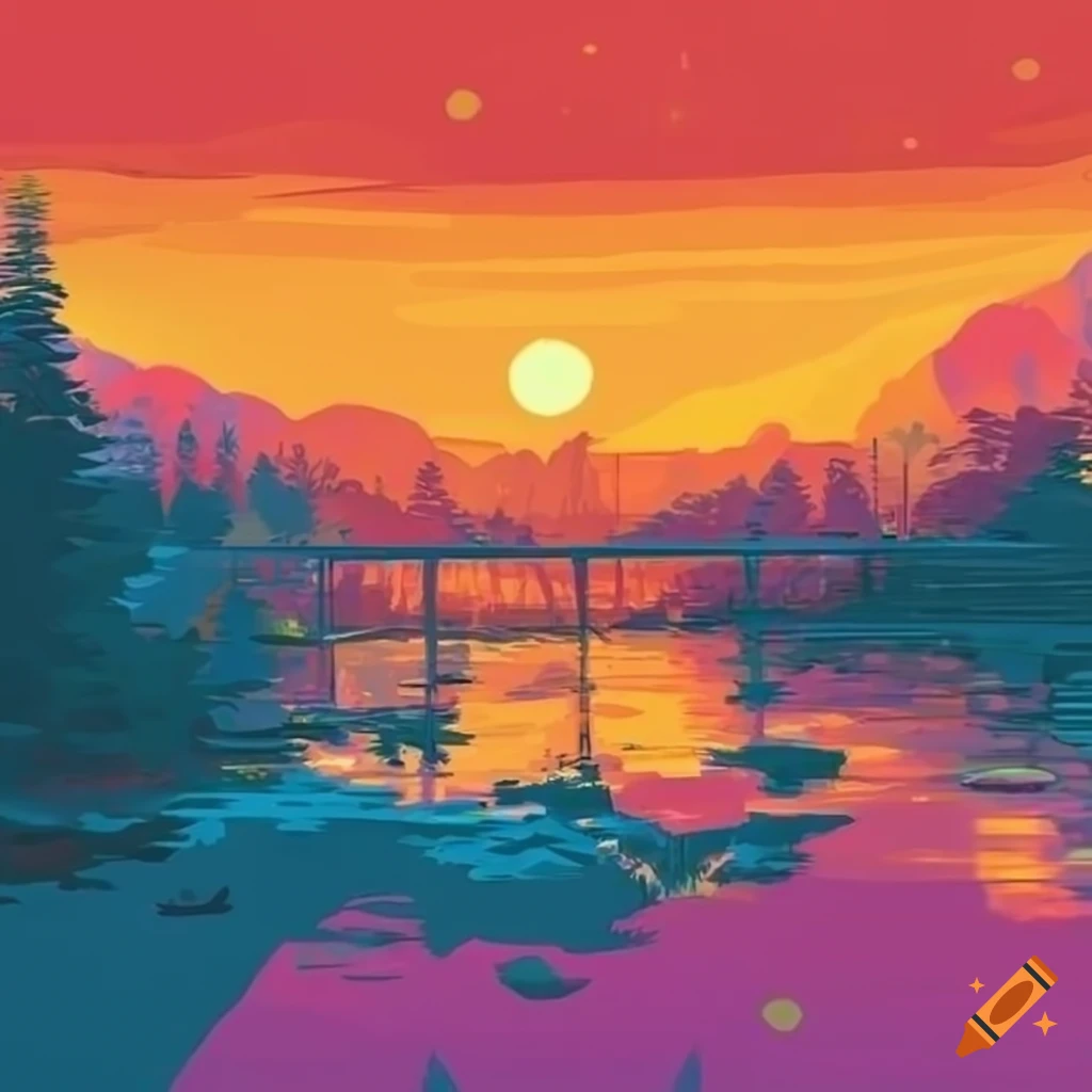 sunset painting in Japanese style