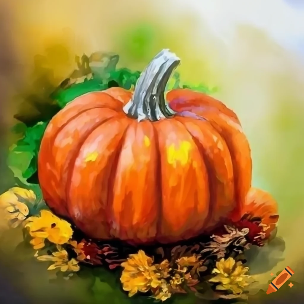 vibrant painting of a pumpkin in an autumn landscape