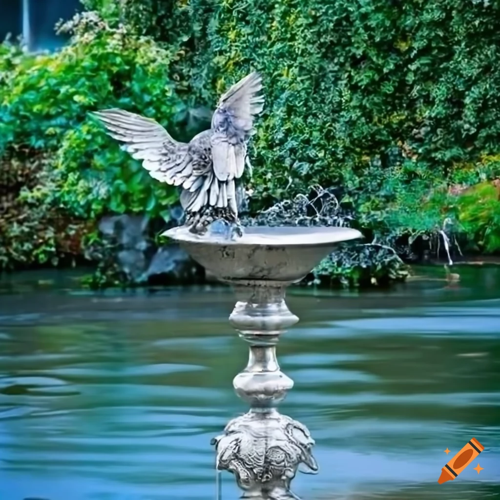decorative silver birdbath with bird statues in a garden pond