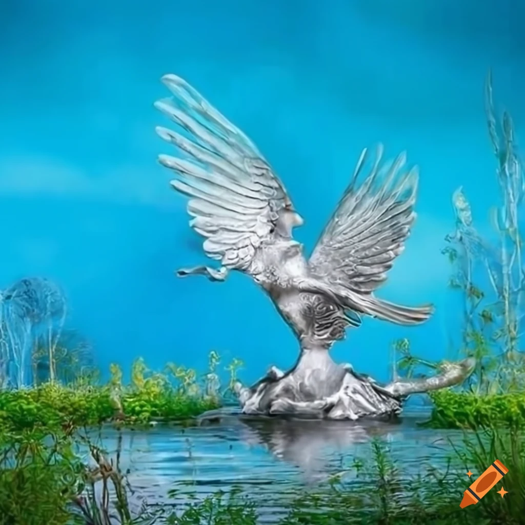 silver peacock statue in a garden with a fountain