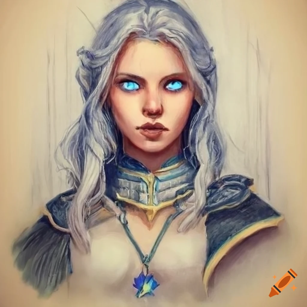 portrait of a young female cleric with silver hair and blue eyes
