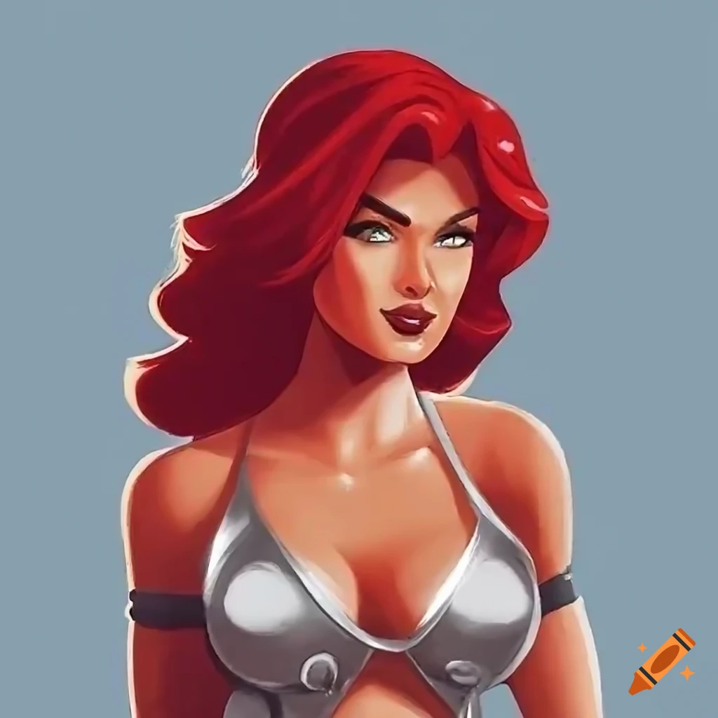 Red Sonja-inspired character in jumpsuit with spear and shield