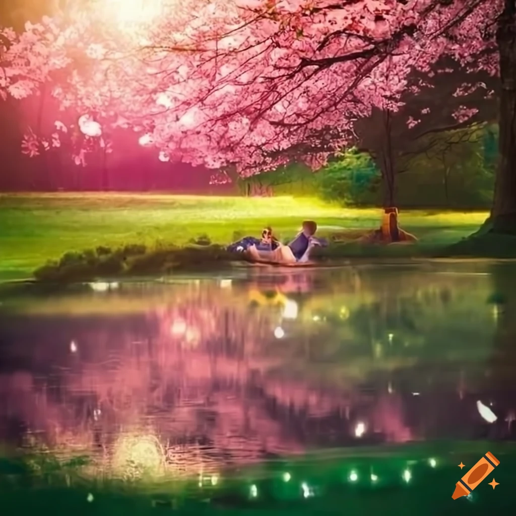 sakura pond with magical lights