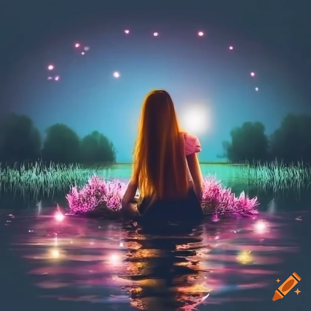 magical sakura pond with a woman sitting by it