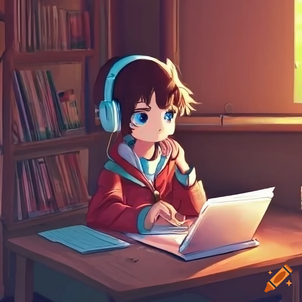 lofi girl studying with headphones on