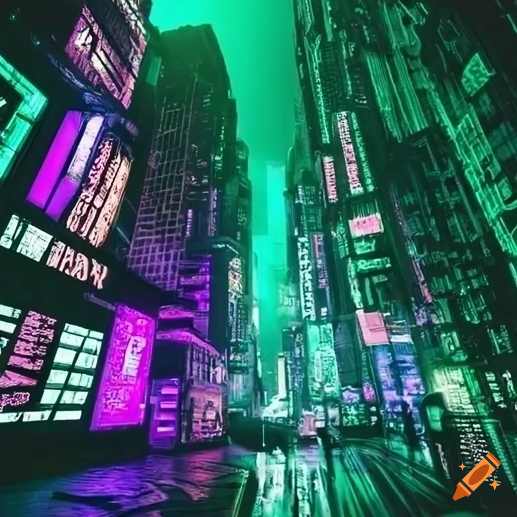 cyberpunk stock trading with green and purple lights