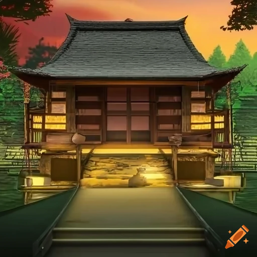 twilight ambiance of a leafy outdoor samurai dojo with gold ornaments