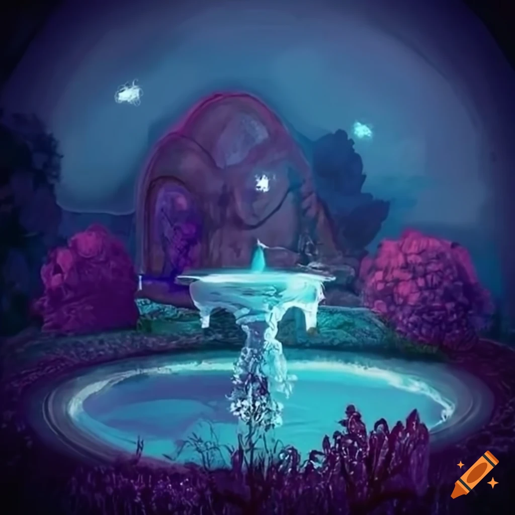 Tim Burton style garden with fountain at night