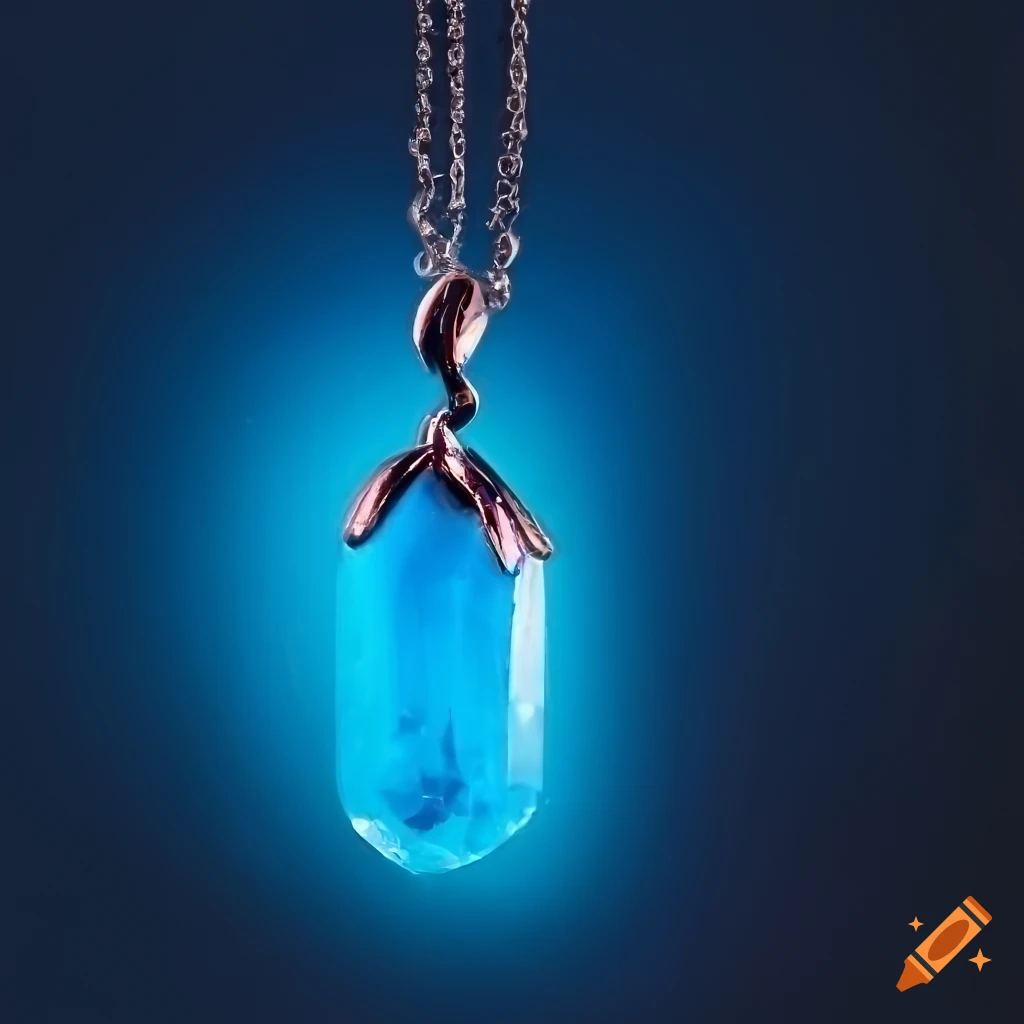 blue quartz necklace with glowing blue light